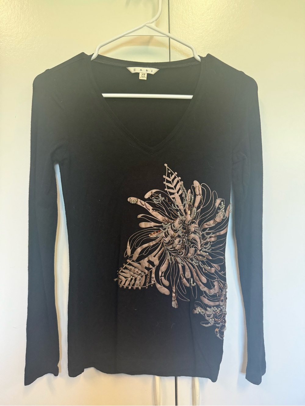 Cabi embellished long sleeved t shirt with Metallic Floral Print / fall.